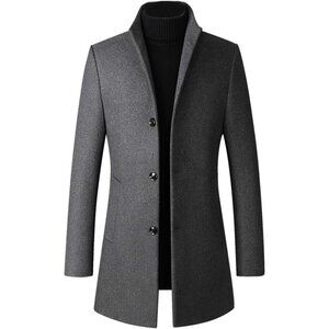 Men's Gray Wool Blend Slim Fit Top Coat Single Breasted Business  Trench Coat